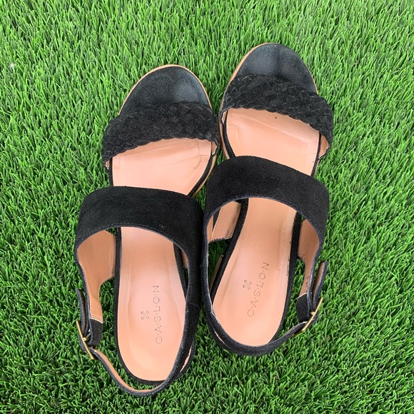 Caslon Black Suede Strappy Braid Wood Heel Sandal - Picture 1 of 6